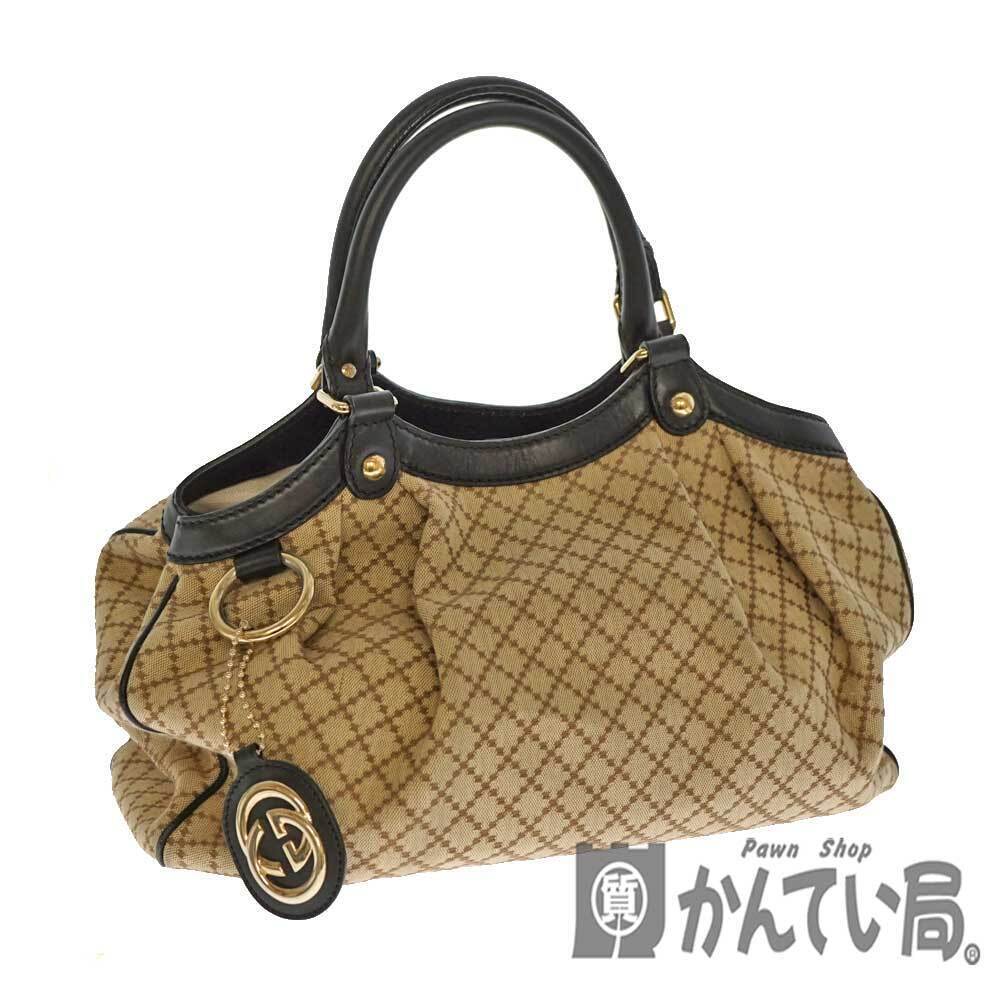 GUCCI Tote Bag Canvas Leather Beige Black Logo Charm